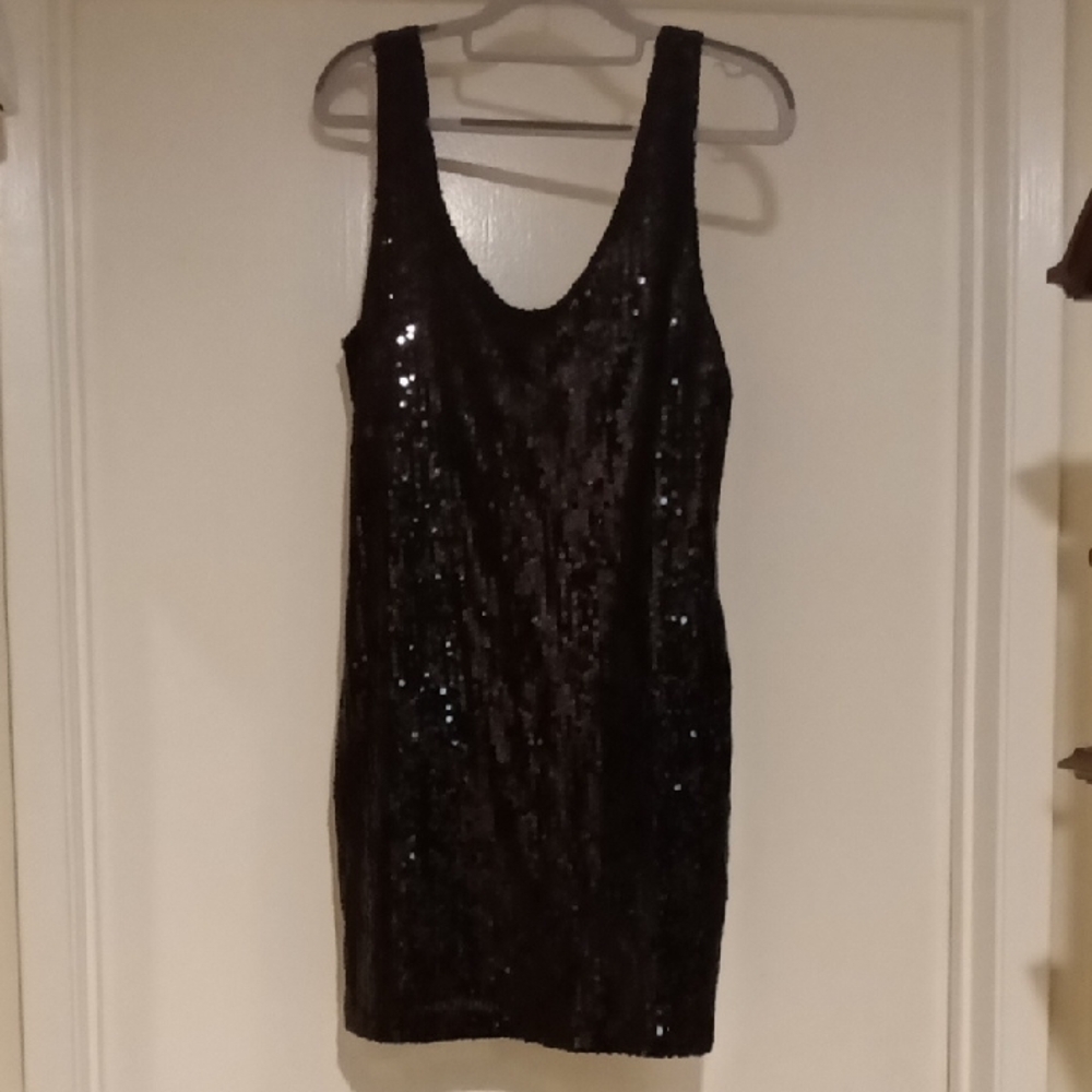 Skyla Anthropologie Black Sequin Mini Tank Dress Scoop Neckline Like New Large